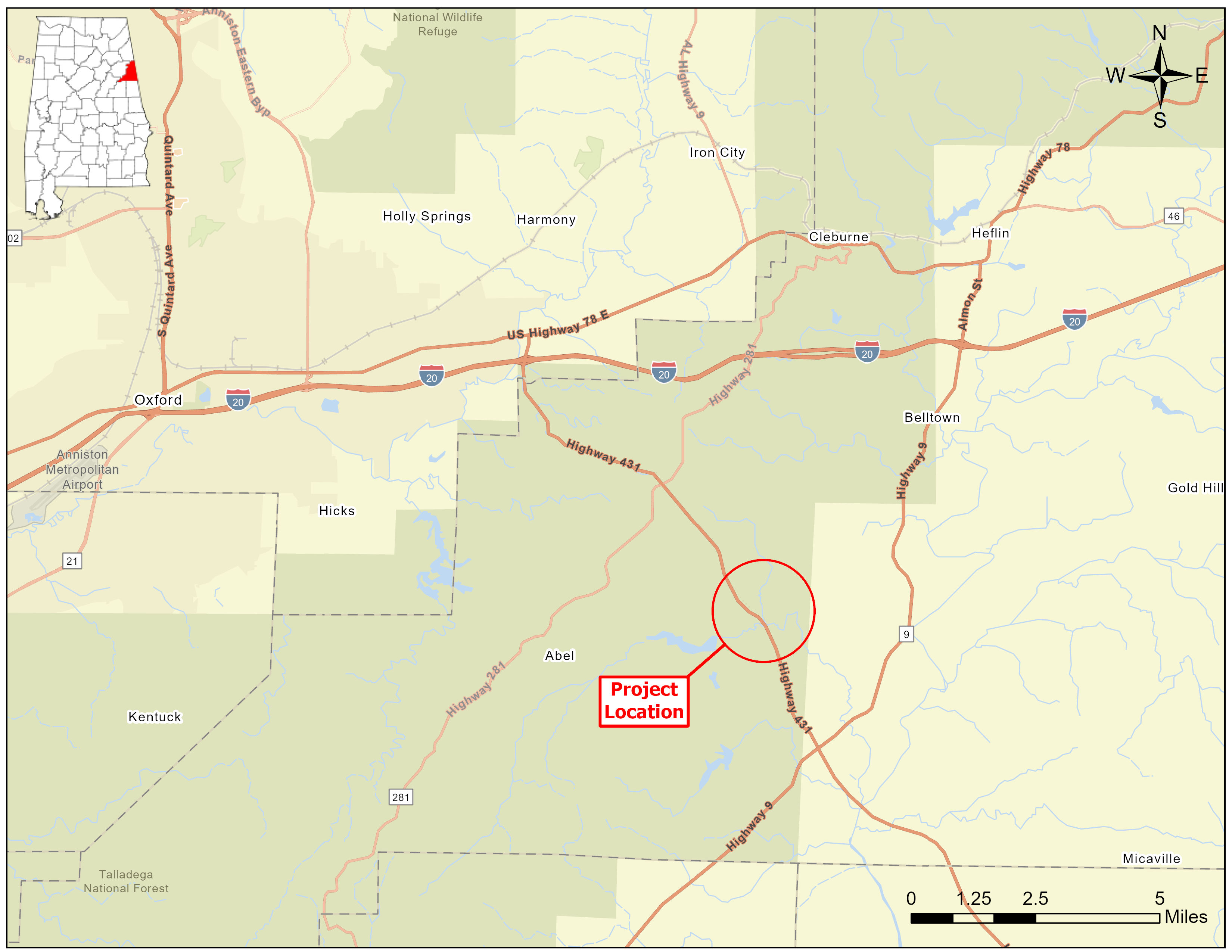 Map showing the project location along AL-1 near Heflin, Alabama