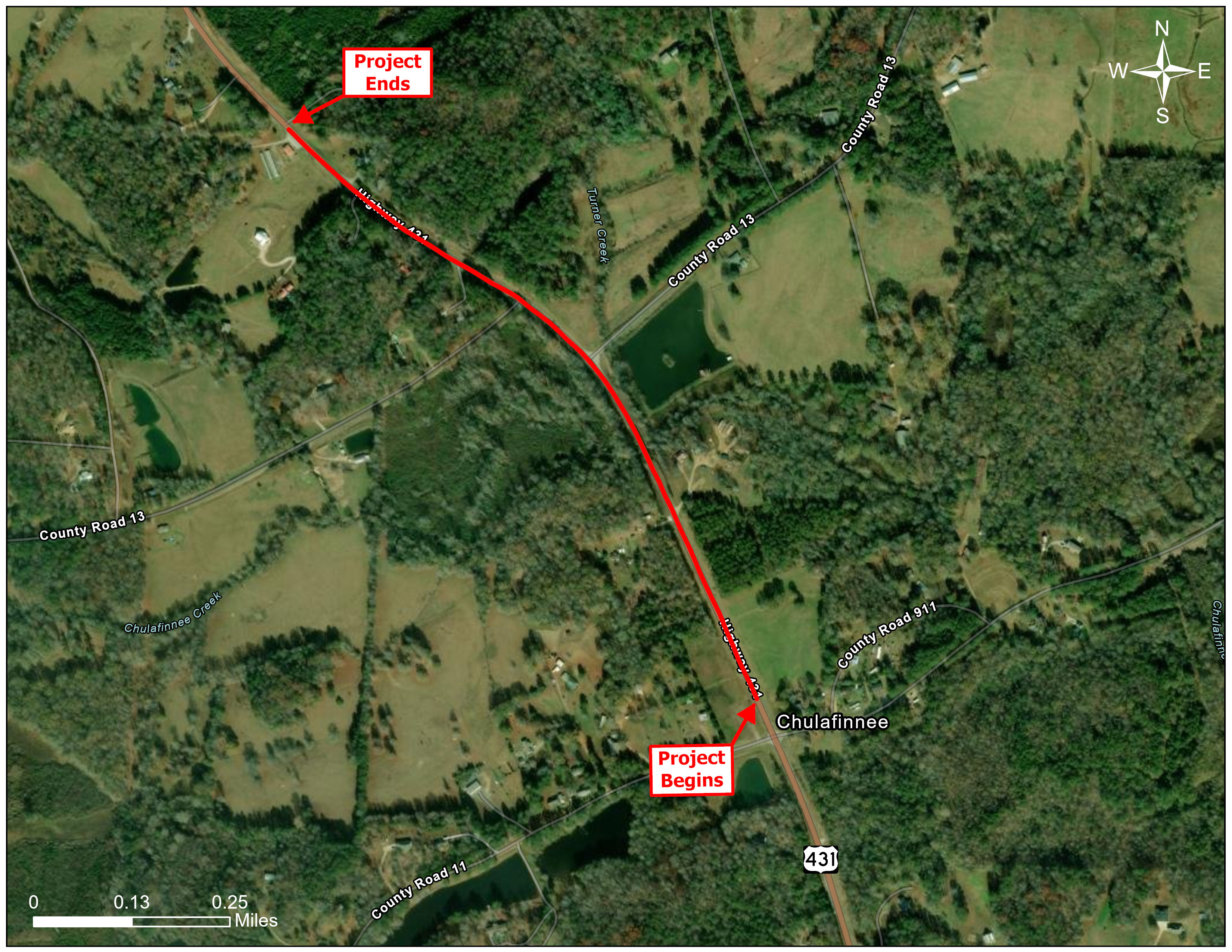Aerial map showing the begin and end points of the project along AL-1. The project begins just north of CR-11 and ends north of CR-13.