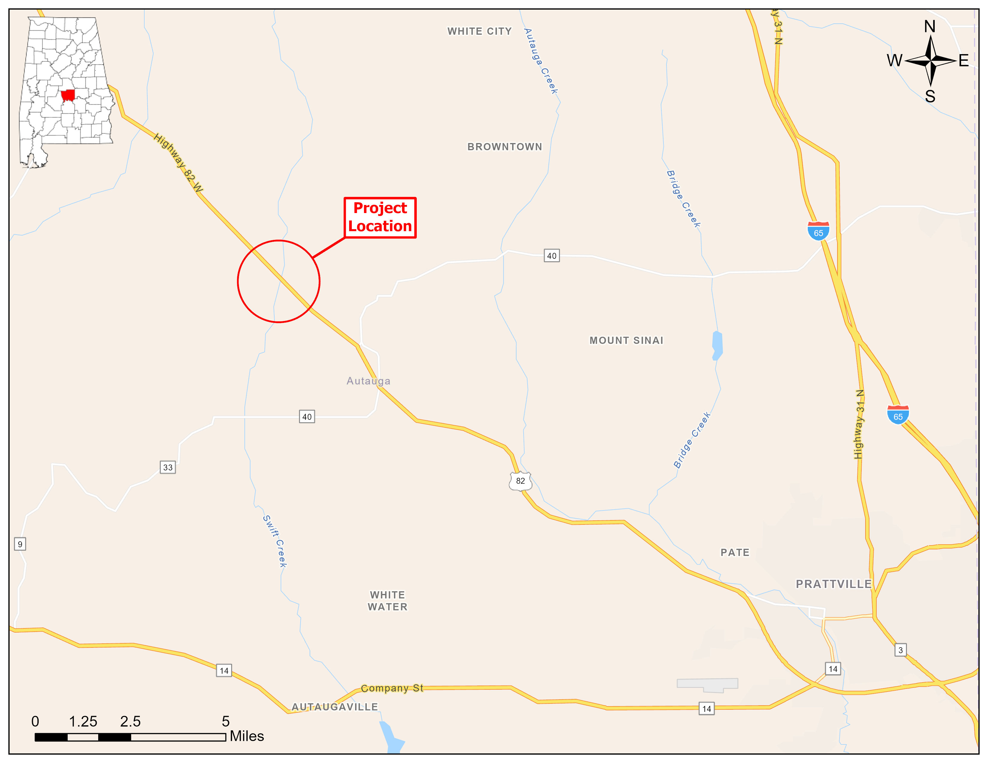 Map showing the project location circled in red with a text identifier.  The project is located north of Prattville on AL-6 (US-82).