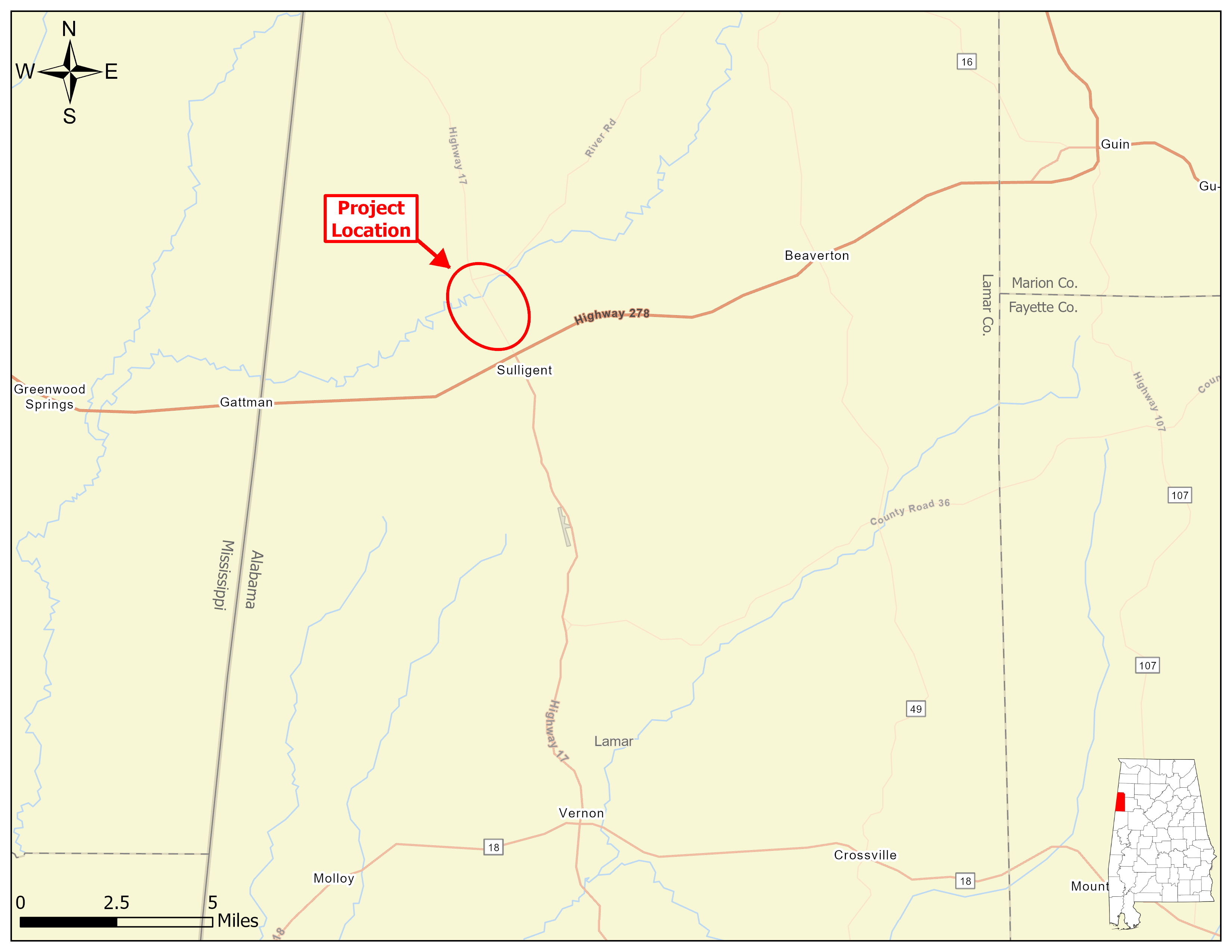 Map showing the project location on AL-17 north of the Town of Sulligent, Alabama.