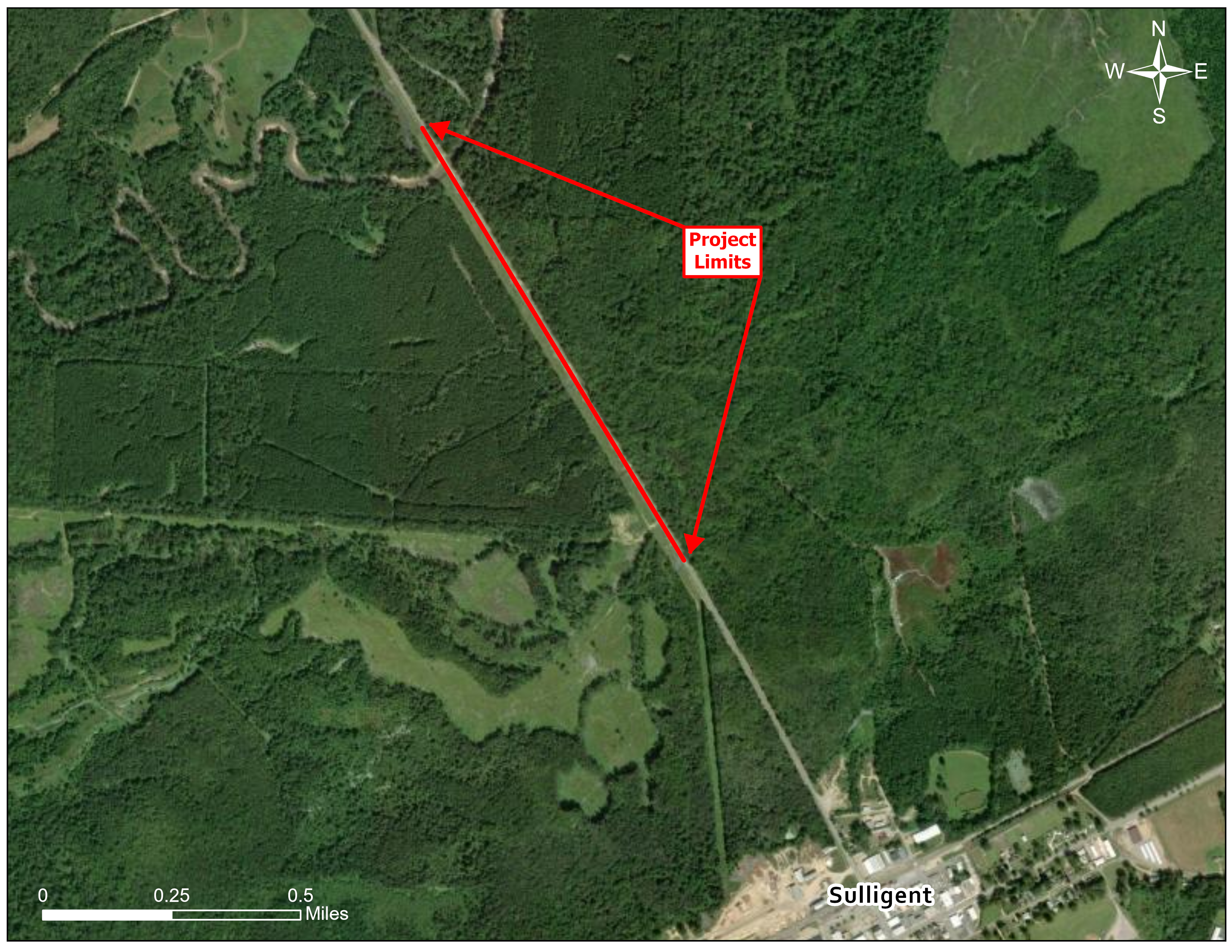 Aerial map showing the project location on AL-17.