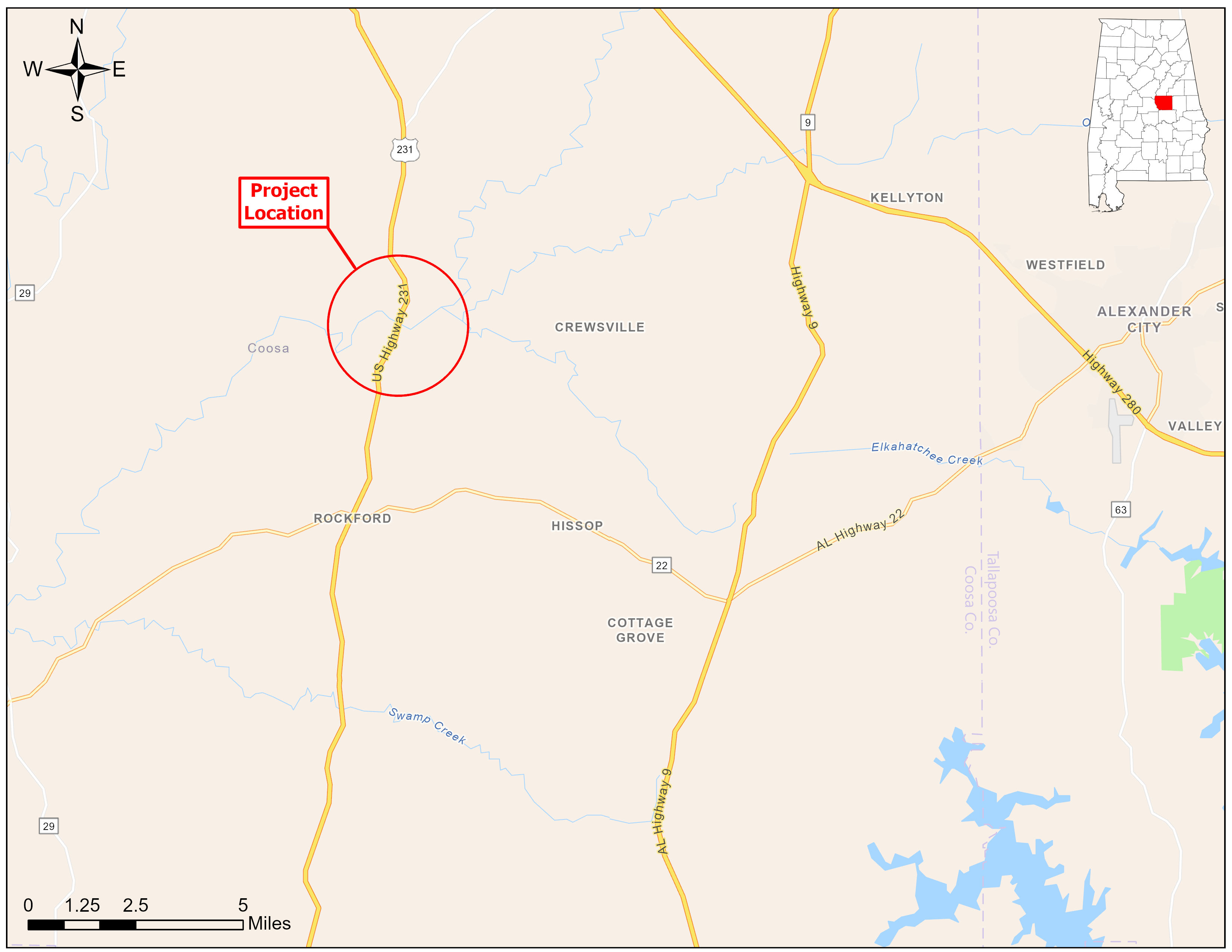 Map showing the project location along AL-21 over Hatchet Creek in Coosa County. 
