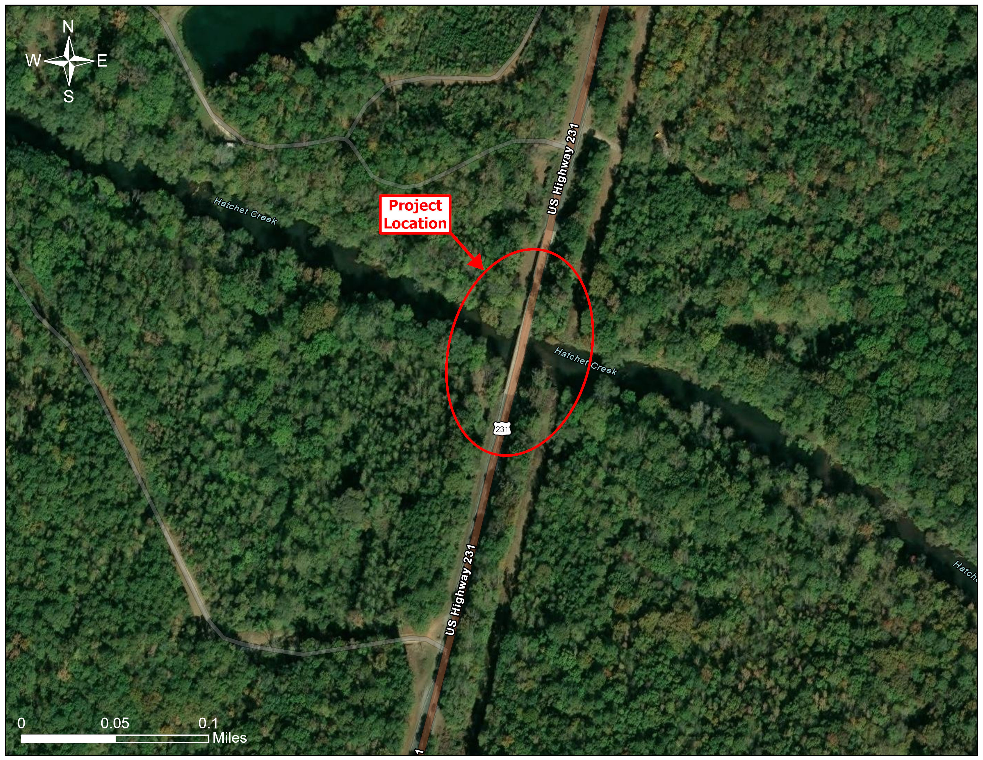 Aerial map showing the project location along AL-21 over Hatchet Creek in Coosa County. 