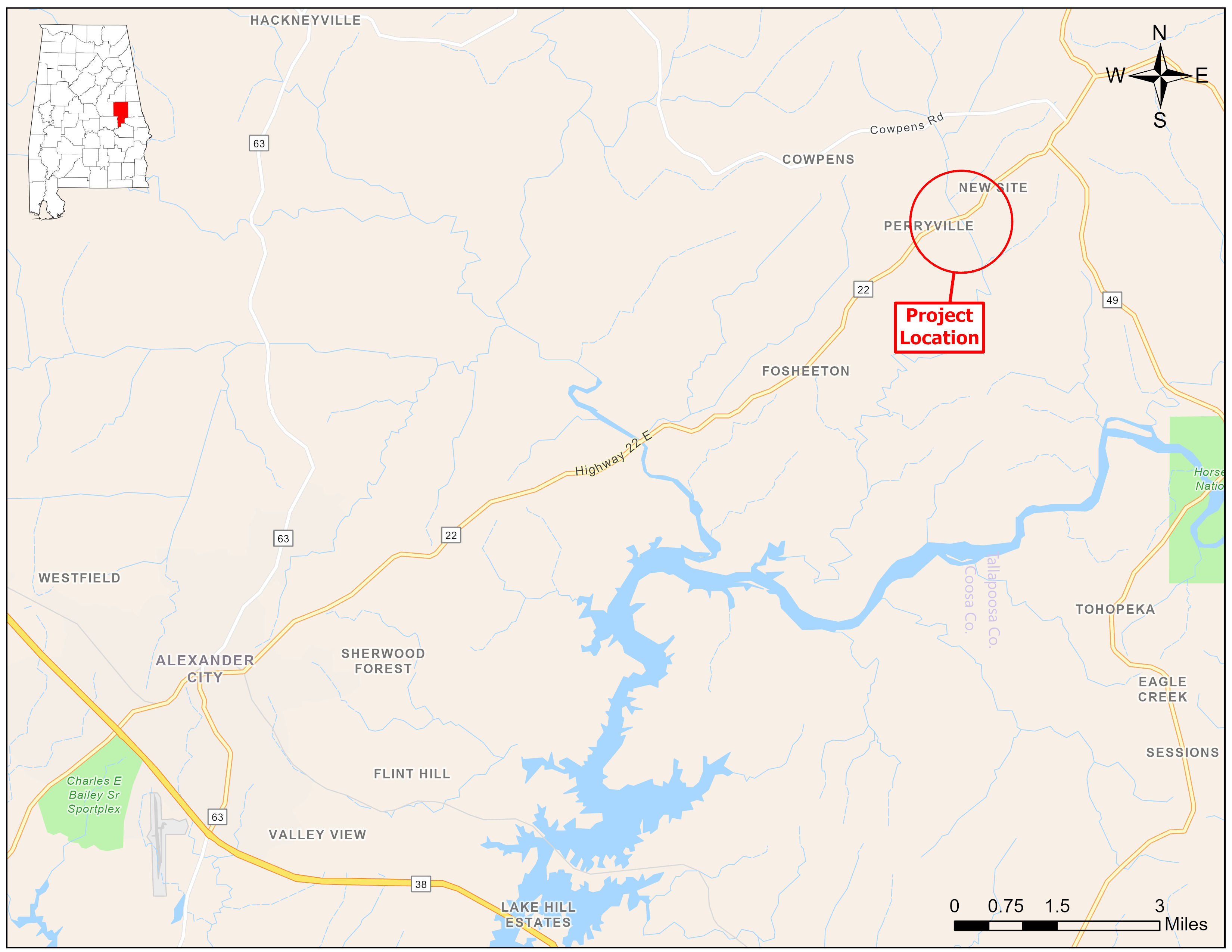 Map showing the project location along AL-22 over Timbergut Creek in Tallapoosa County
