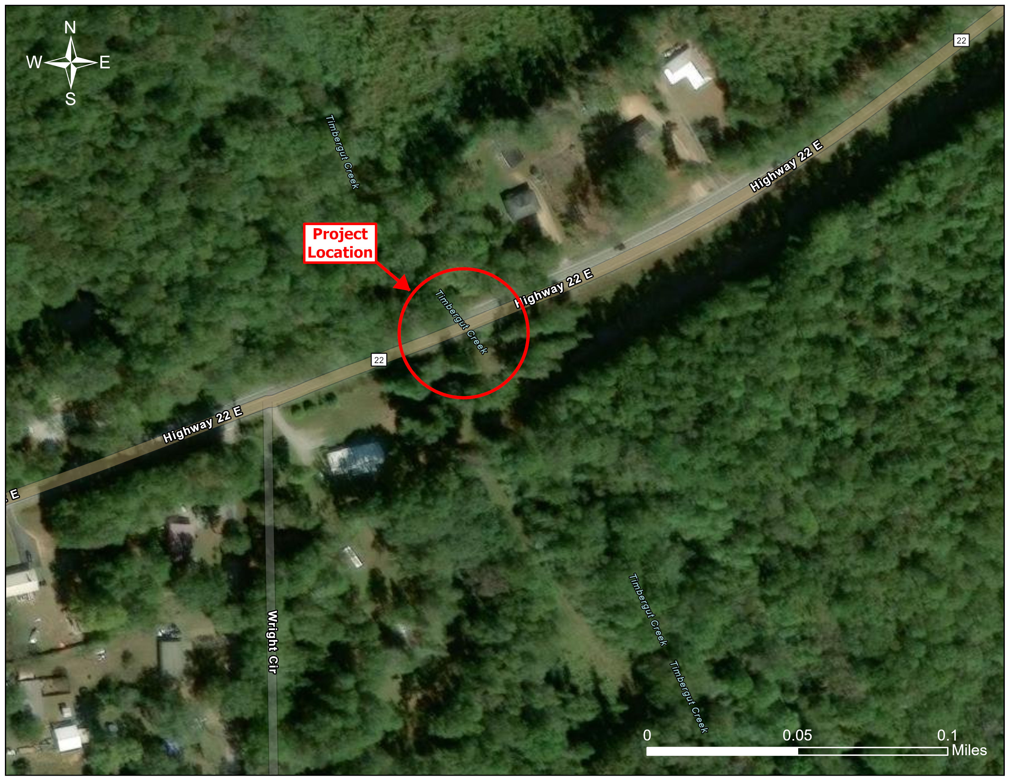 Aerial map showing the project location along AL-22 over Timbergut Creek in Tallapoosa County
