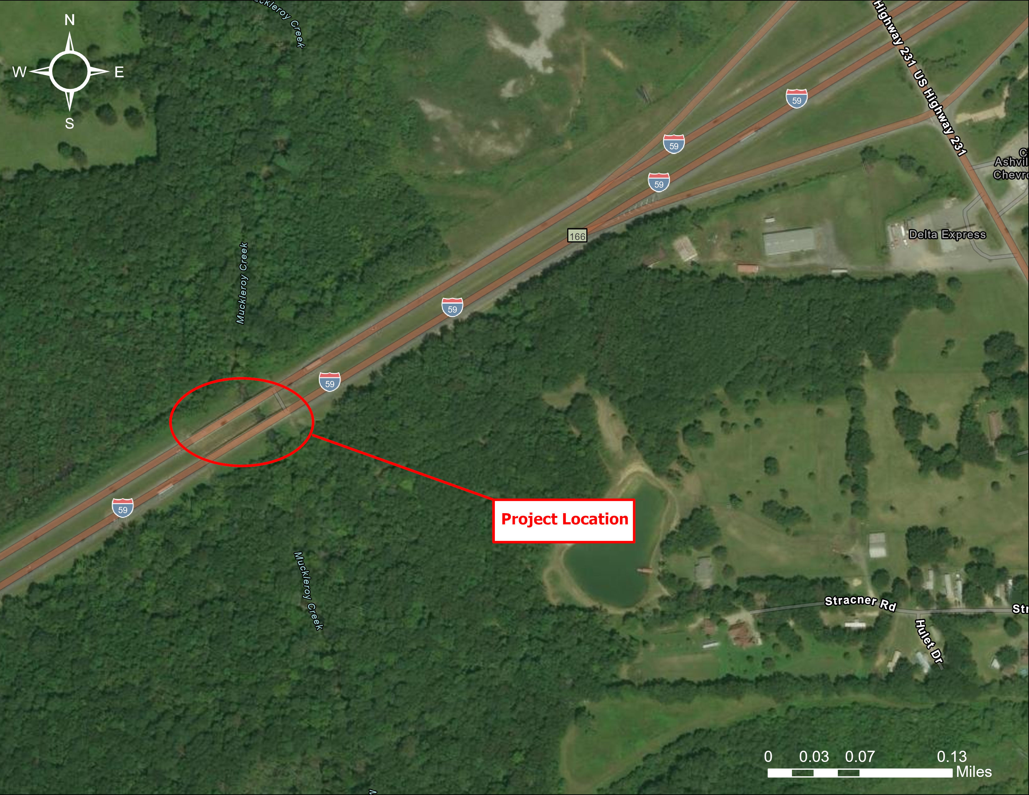 An aerial image of the adjacent area around the I-59 bridges over Muckleroy Creek. The project location is inbetween Whitney and Ashville. 