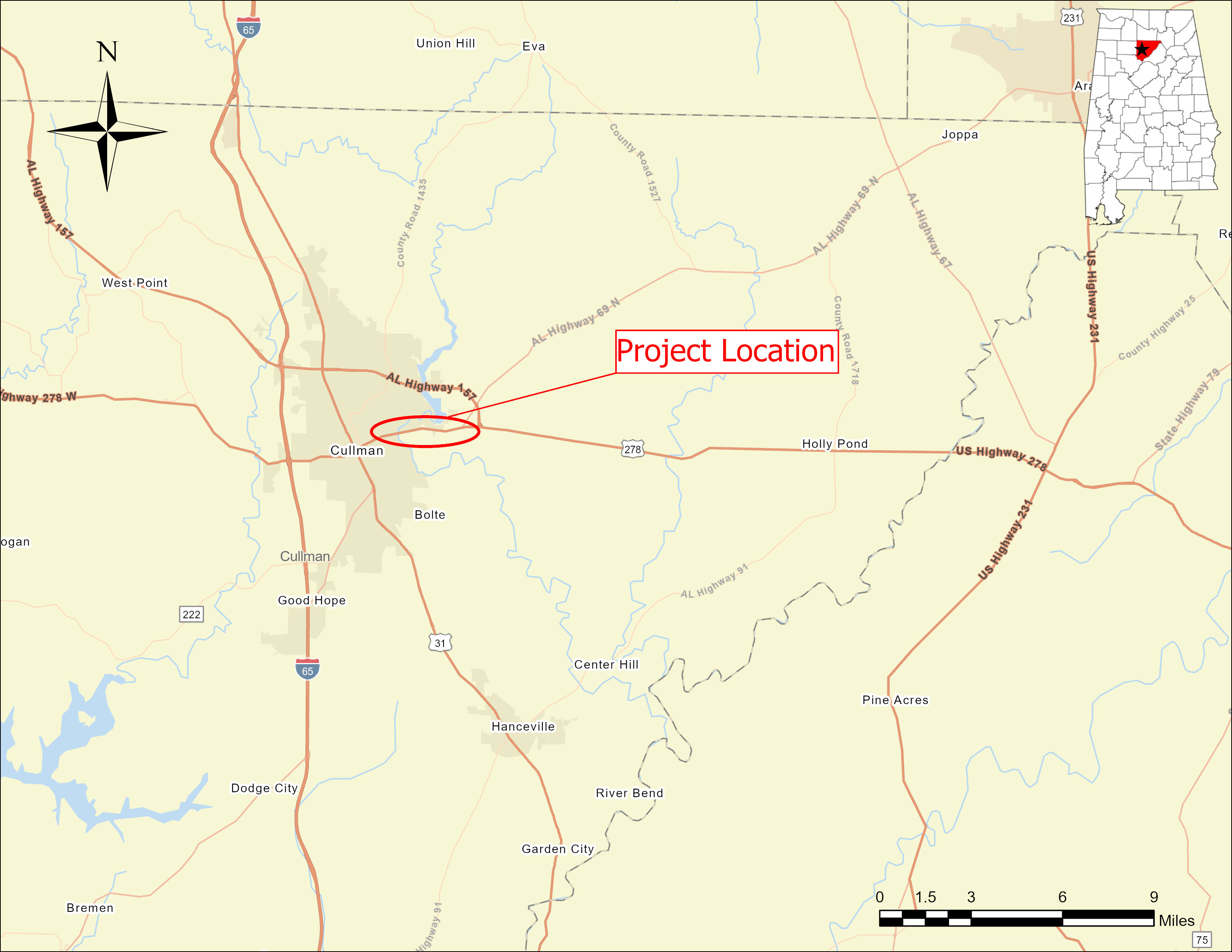 Map showing the project location along AL-69 in Cullman, Alabama.