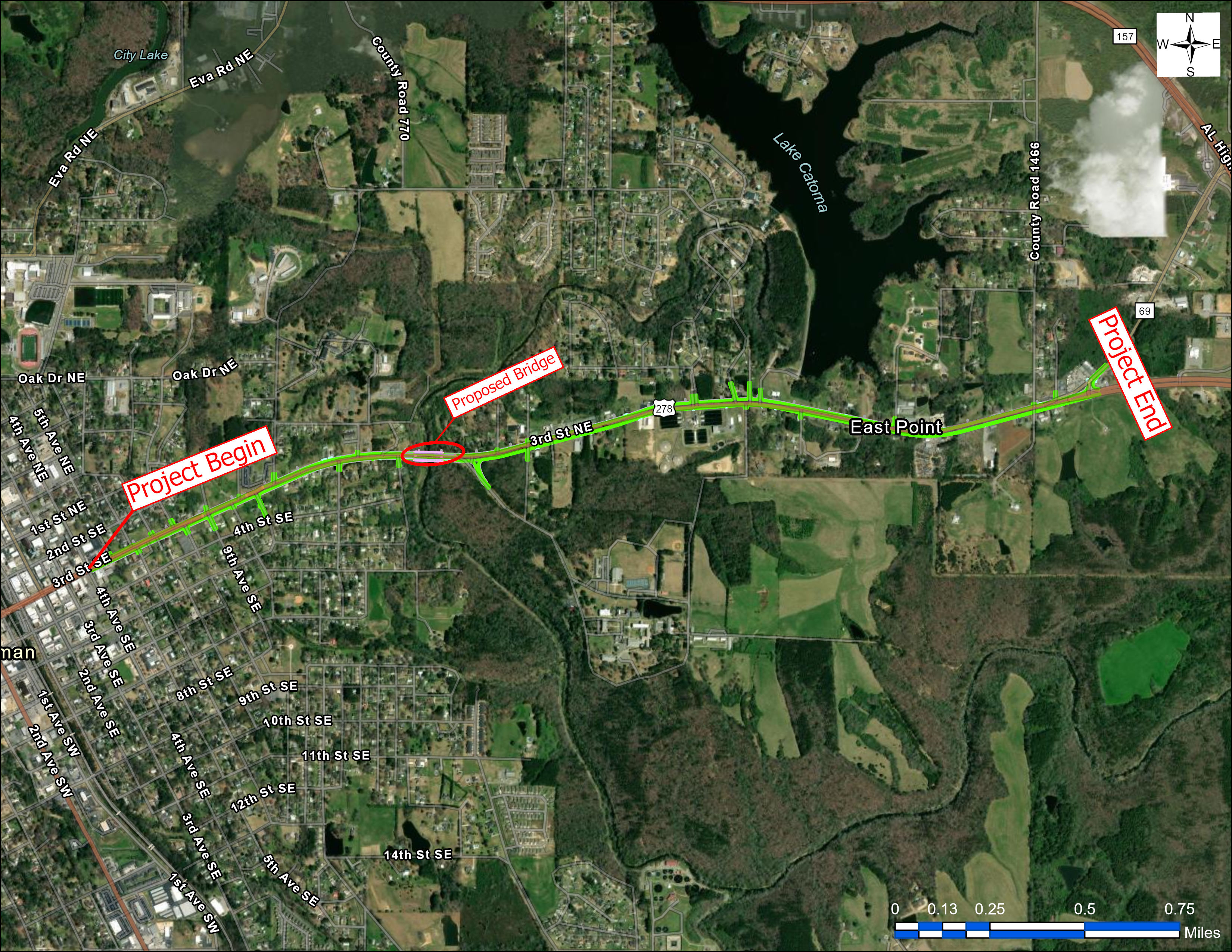 Aerial Map showing the project location along AL-69 in Cullman, Alabama.  The project begins at the intersection with 4th Ave West and ends at East Point.
