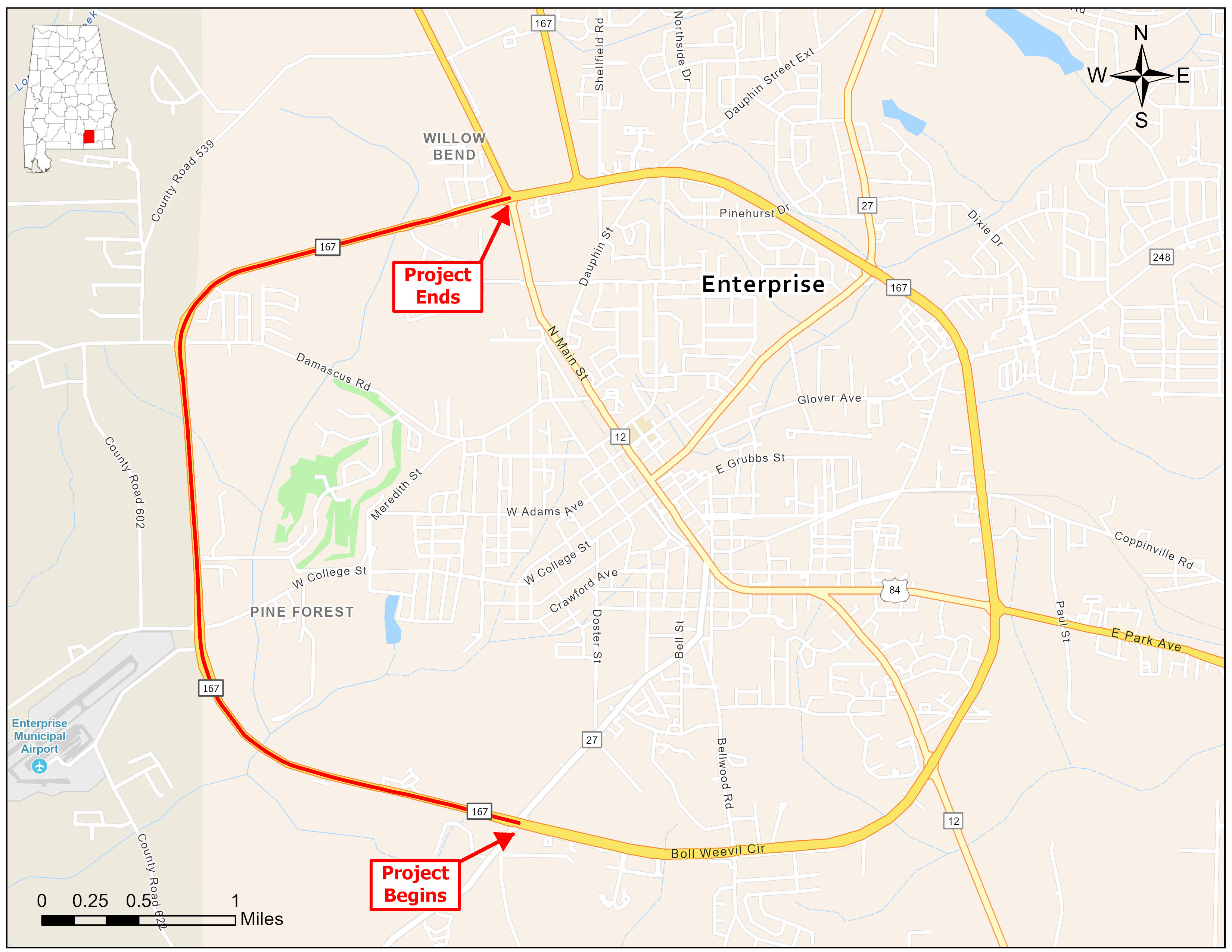 Map showing the project location along Boll Weevile Circle. The project begins at AL-27 and ends at US-84. 