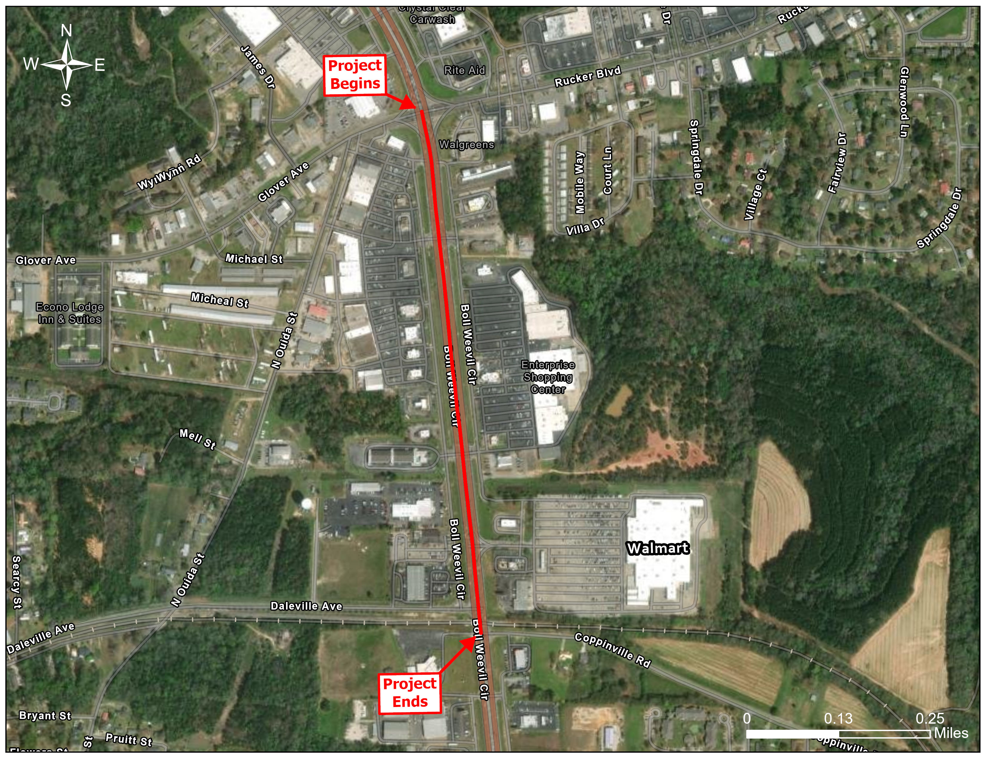 Aerial map showing a close up of the proposed project area.  The project runs along AL-12.  Multiple businesses are located within the project area, such as Walmart, Chick-fil-a, and Sam Boswell Honda. 