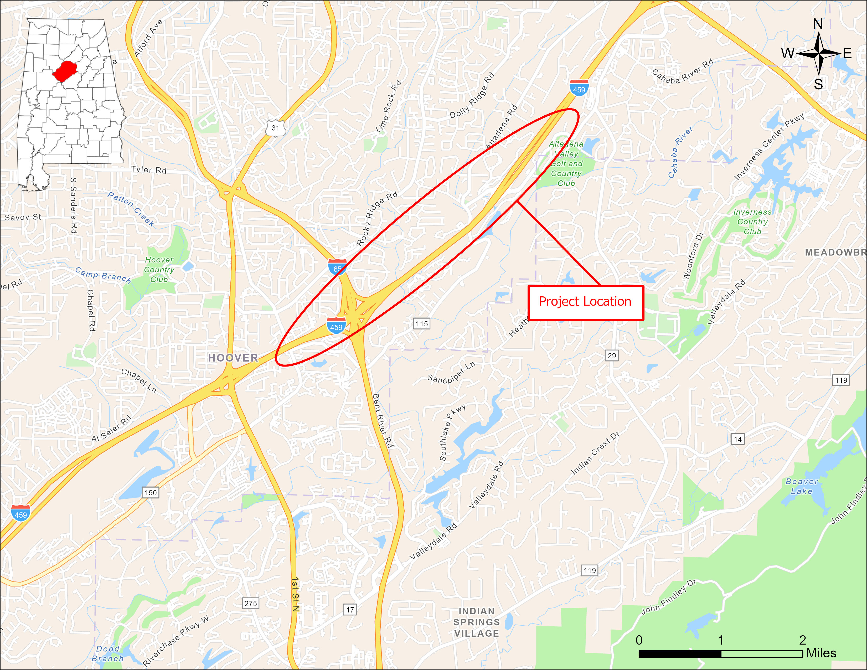 The image is of a map showing the location of the proposed roadway improvements. The project is located along I-459 near Hoover, Jefferson County, Alabama.