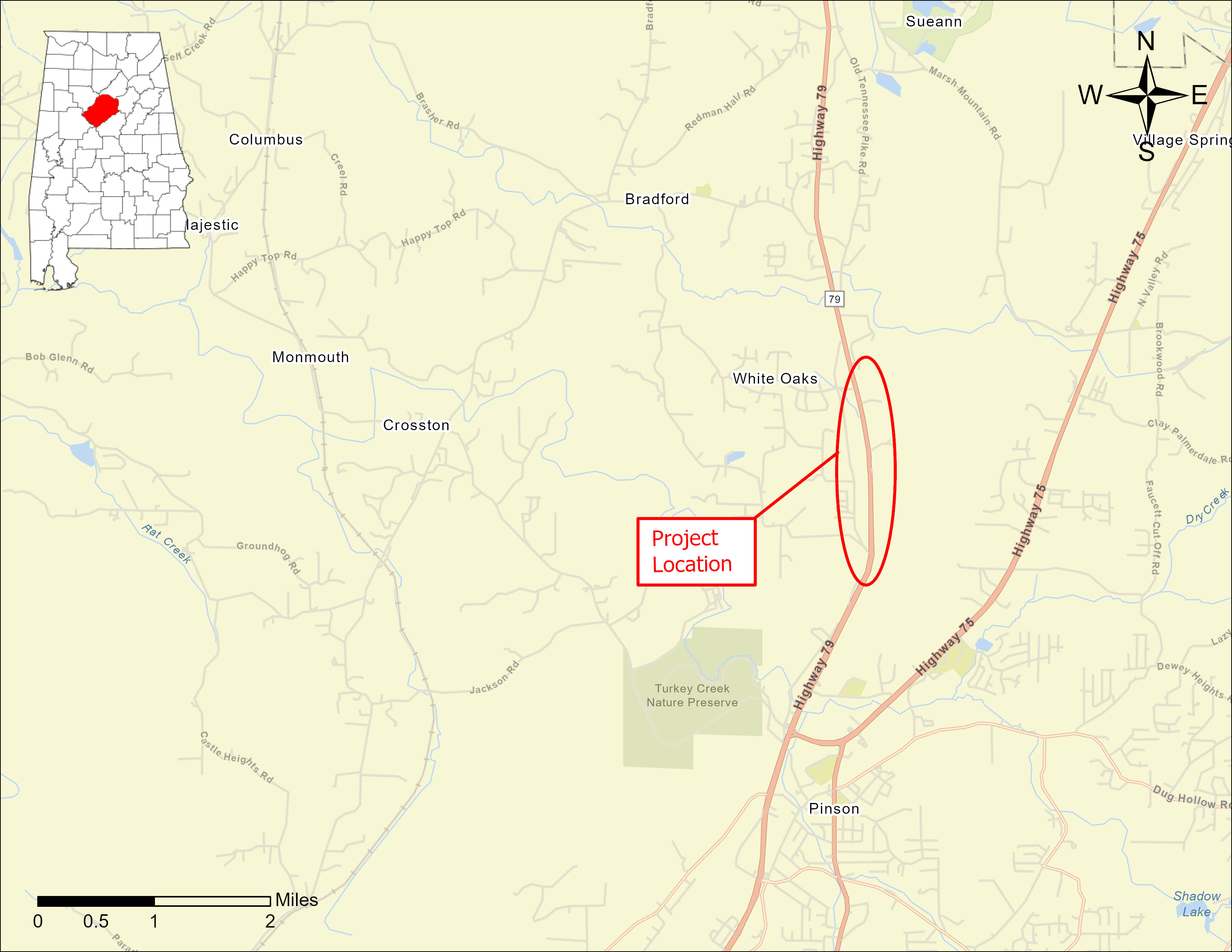 A map showing the location and limits of the AL-79 widening project. The project is in Jefferson County, along AL-79 from Old Bradford Road north approximately 1 mile.